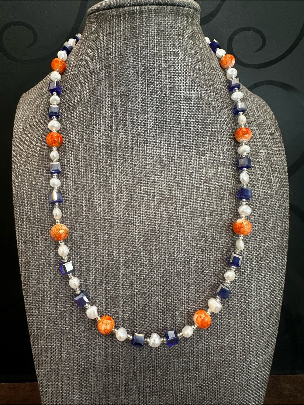 Freshwater Pearl Necklace with Orange and Navy Accents